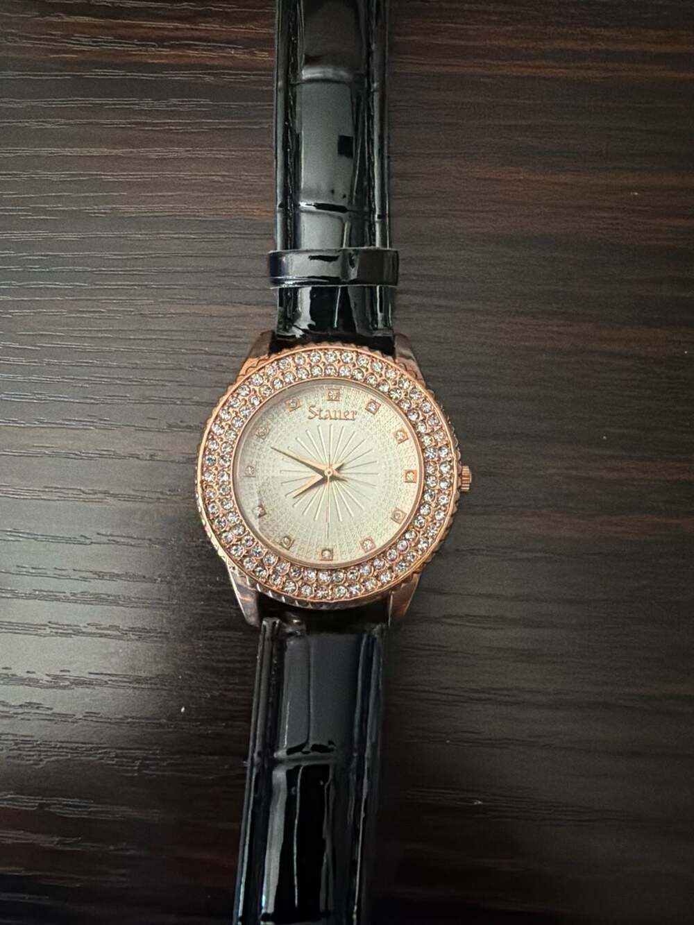 Stauer Ladies Rose Gold Tone Crystal Bezel Watch with Black Leather Band 28342